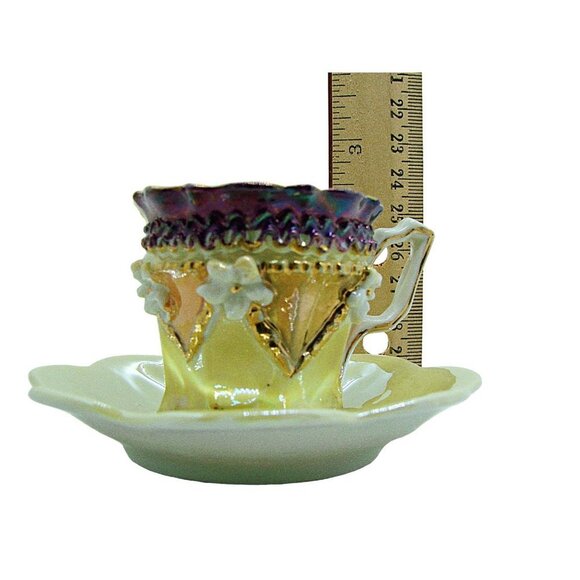 Vintage Germany Demitasse Mini Porcelain Lusterware Teacup Saucer Purple Yellows - Picture 7 of 12